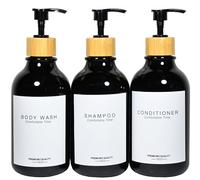 Shampoo and Conditioner Bottles, Apothecary Dispenser Bamboo Pump, Refillable Shampoo Bottles for Shampoo Lotion Oil Shower Soap Hand Soap and Dish Soap, Plastic Black Set (Black)