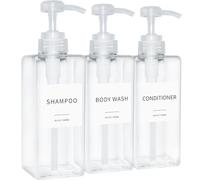 Shampoo and Conditioner Dispenser, Refillable Plastic Shampoo Pump Bottles with Waterproof Labels, Empty Body Wash Dispenser Set for Bathroom, Shower Soap Bottles (Clear, Set of 3, 16.9oz)