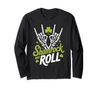 Shamrock And Roll Funny St Patricks Day Rock Hand Skeleton Maglia a Manica