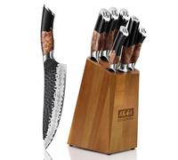 SHAN ZU Set di Coltelli da Cucina Forgiati a Mano,Set di Coltelli Giapponesi da 7 Pezzi con Ceppo Coltelli,Coltello da Chef in Acciaio 10Cr15MOV (7 Strati),Manico in Legno di Acero