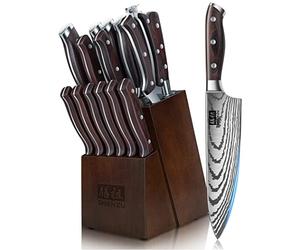 SHAN ZU Ceppo Coltelli da Cucina 16 Pezzi Giapponesi Set di Coltello Acciaio ad Alto Tenore di Carbonio con Affilacoltelli, Super Affilato Professionali Set Coltelli con Manico in Pakkawood