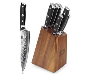 SHAN ZU Ceppo con 7 Pezzi Coltelli da Cucina Damasco e da Chef | 67 Strati in Acciaio 10Cr15MoV ad Alto Carbonio, Manico Ergonomico in G10 - PRO Series