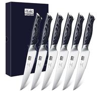 SHAN ZU Coltelli da bistecca Set di 6, Coltelli da Bistecca Seghettati Ultra Affilata con Ergonomica K133 Impugnatura - Genbu Serie