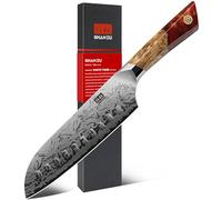 SHAN ZU Coltello Santoku in Damasco, coltello da cucina professionale da 18 cm, realizzato in acciaio Damasco a 91 strati e acciaio a polvere SG2, impugnatura ergonomica in acero - Serie White Tiger