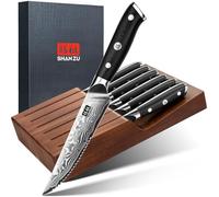 SHAN ZU Set di 7 coltelli da Bistecca in Acciaio Damasco con Ceppo, 11cm Set di Coltelli da Cucina Seghettati in Acciaio Giapponese 10Cr15MoV con Impugnatura Ergonomica G10 e Confezione Regalo