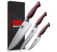 SHAN ZU Set di 3 Coltelli da Cucina Giapponese - Professionale con Lama in Acciaio Inox 10Cr15MoV (62 HRC), Affilatissimo, Manico in Legno - Coltello Chef, Coltello Universale, Coltello da Sbucciatura