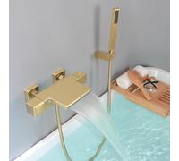 SHANFO Rubinetto per Vasca Termostatico, Cascata Miscelatore Vasca da Bagno con Doccetta, Regolabile Supporto e Tubo Doccia 150cm, Oro Spazzolato, 4Y4OK