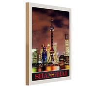 Shanghai Skyline | Targa in legno | Cina | Stile retrò | 30 cm x 40 cm
