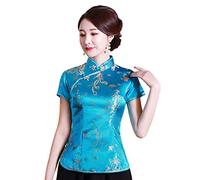 Shanghai Story Camicia cinese Cheongsam a maniche corte, blusa per donne, Blu lago, L