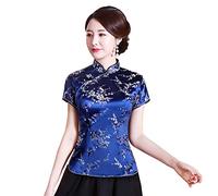Shanghai Story Camicia Cinese Cheongsam Manica Cina Camicetta per Le Donne, Blu Fiore, 4XL