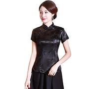 Shanghai Story Camicia cinese Cheongsam Manica Cina Camicetta per le donne, Fiore Nero, XXL