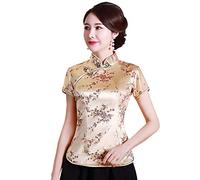 Shanghai Story Camicia cinese Cheongsam Manica Cina Camicetta per le donne, Fiore Oro, XL