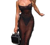 SHANHE Abito Lungo Trasparente in Maglia Stampata a Punti con Fasciatura Senza Maniche con Cerniera Abiti da Club per Feste da Donna Autunno Inverno Sexy