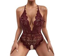 SHANHE Donne Signore Sexy Body Pizzo Maglia Calda con Apertura sul Cavallo Intimo Orsacchiotti Senza Schienale Scollo A V Sottile Lingerie Erotica Trasparente Camicia da Notte-Vino,XXL