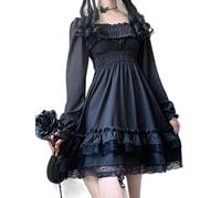 SHANHE Lolita Gothic Black Corset Dress Women Vintage Lace Patchwork Increspato Estetico Abito a Vita Alta Punk Party -Nero,S