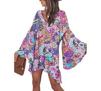 SHANHE Moda Donna Abito Boho Estate Nuova Stampa Vintage Scollo a V Nappa Manica a Campana Abiti Casual per Le Donne Vacanze Autunnali Femme-Rosa,M