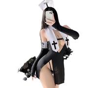 SHANHE Suore Vestito Cosplay Pizzo Sexy Suora Giapponese Uniforme Scava Fuori Vestito Fasciatura Nightclub Festa Infermiera Gioco di Ruolo Costume-Nero,Taglia unica