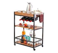 SHANHENGYUN Carrello industriale per vino, isola da cucina a 3 livelli con ripiani in legno di abete, porta calici e telaio in metallo, contenitore mobile per bar di casa, sala da pranzo e