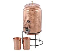 SHANKAR & SONS Dispenser d'acqua in rame da 5 litri con supporto e 2 bicchieri, senza BPA, atossico, struttura martellata, antiruggine e durevole, con benefici aggiuntivi per la salute del rame