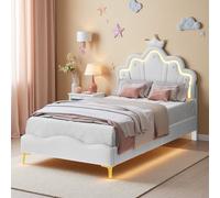 SHAODENG Lettino per bambini, 90 x 200 cm, con LED, testiera regolabile per cameretta dei bambini, letto con rete a doghe, letto singolo, letto per ragazzi, in poliuretano, bianco, senza materasso