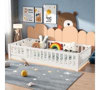 SHAODENG Letto da pavimento 90 x 200 cm, con rete a doghe e protezione anticaduta, in legno di pino massiccio, per ragazzi e ragazze, senza materasso