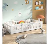 SHAODENG Letto da pavimento Montessori, 90 x 200 cm, con rete a doghe e protezione anticaduta, in legno di pino massiccio, bianco, letto singolo, senza materasso