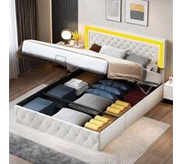 SHAODENG Letto imbottito 140 x 200 cm con cassetta, letto matrimoniale a LED con spazio e rete a doghe, letto per ragazzi idraulico, testiera regolabile, beige, tessuto di velluto, senza materasso