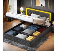 SHAODENG Letto imbottito 140 x 200 cm, letto matrimoniale con spazio di archiviazione e rete a doghe, letto per ragazzi a LED idraulico, letto funzionale, testiera regolabile, nero, tessuto di velluto