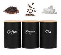 shaojian Set di 3 barattoli per caffè, tè, zucchero, 1000 ml, in metallo nero, con coperchio ermetico in bambù e segnaposto, design semplice da cucina (nero, cilindro)