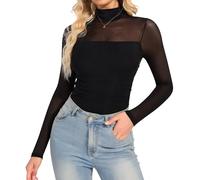 SHAPERIN Body Donna Maniche Lunghe Trasparente Maglietta Arricciati a Collo Alto Top a Rete per Uscire Feste Club Noir L