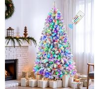 SHareconn 210 cm Albero di Natale Innevato con Luci Incorporate Artificiale con Telecomando, con 400 Luci Bianche Calde e RGB Multicolori, 106 modalità luce, Supporto pieghevole in metallo
