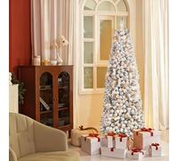 SHareconn Albero di Natale Artificiale 180cm Pre-Illuminato Slim con 180 Luci LED Bianco Caldo, Rami PVC ad Cerniera Innevate & Base Metallica, Albero Pencil Space Saving per Decorazione Casa Ufficio