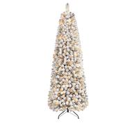 SHareconn Albero di Natale Artificiale 210cm Pre-Illuminato Slim con 250 Luci LED Bianco Caldo, Rami PVC ad Cerniera Innevate & Base Metallica, Albero Pencil Space Saving per Decorazione Casa Ufficio