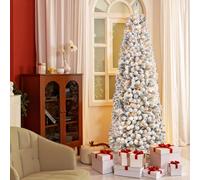 SHareconn Albero di Natale Artificiale 230cm Pre-Illuminato Slim con 300 Luci LED Bianco Caldo, Rami PVC ad Cerniera Innevate & Base Metallica, Albero Pencil Space Saving per Decorazione Casa Ufficio