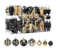 SHareconn, Set di 106 palline natalizie decorative, in plastica infrangibile, per albero di Natale, adatte come decorazioni per festività, matrimoni e feste, con ganci inclusi, colore nero e oro