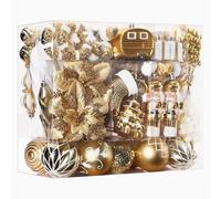 SHareconn Set di 135 Palline di Natale Decorazioni, Infrangibili Ornamenti, Decorazione per Albero di Natale & Feste Matrimoni, Diverse Forme di Palline con corda(Oro e Bianco)