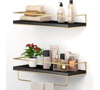 Shario Set di 2 mensole galleggianti, da parete, con portasciugamani dorate, mensole decorative per bagno, cucina, soggiorno e camera da letto (nero oro, 40 cm)