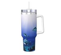 Shark Swimming Under The Sea Print Ice Bully con manico e cannuccia, per bevande calde e fredde, perfetta per viaggi, sport, ufficio