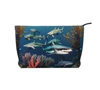 Sharks Under The Sea Chiusura con cerniera Borsa per il trucco in velluto a coste Organizer multifunzionale 22x7x17cm per Viaggi Campeggio Vacanze Fitness, Nero , Taglia unica