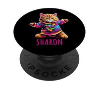 Sharon - Design colorato con gatto che balla per ragazze, nome Sharon PopSockets PopGrip Adesivo