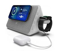 SHARP CP-DS08GY Base Qi2 4 in 1 con altoparlante Bluetooth - Grigio nuvola | Qi2 certificato 15W compatibile con MagSafe, adattatore Apple Watch, ricarica USB-C e audio stereo Bluetooth 40W.