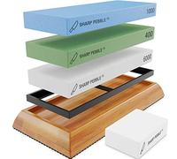 Sharp Pebble Premium - Set di pietra per affilare coltelli, pietra per affilare, grana 400/1000/6000 acquerello e pietra appiattita, con base antiscivolo in bambù e confezione regalo