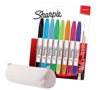 SHARPIE Pennarelli indelebili a doppia punta, punta fine e ultra fine, colori assortiti, 8 pennarelli + 1 inchiostro blu SGel con custodia in cotone