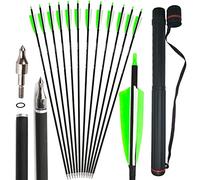 SHARROW 32" Freccia in Carbonio Spine 500 Freccia Carbonio Arco Frecce di in Carbonio con 4" Piume Naturali per Tiro con L'Arco Freccia Arco Lungo Ricurvo Arco Compound (1Faretra+Verde, 12P)
