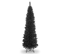 SHATCHI Albero di Natale artificiale floccato sottile, decorazione per la casa con punte appuntite e supporto in metallo, nero, 2,1 m