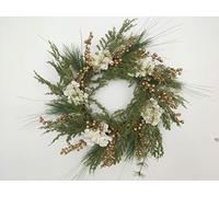 SHATCHI Ghirlanda Decorativa, 55 cm, Bacche Dorate e ortensie Bianche, per Porta d'ingresso e Decorazione Natalizia, per Matrimonio, Natale, Verde