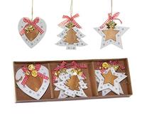 SHATCHI Ornamenti per albero di Natale in legno estetico da appendere, set di 6 pezzi con nastri e campane, decorazioni per la casa fai da te - 2 stelle, 2 cuori, 2 pezzi a forma di albero (8 cm)