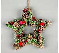 SHATCHI Prelit - Palline di Natale a batteria, da appendere, con base di ramoscelli di legno, decorate, bacche, fogliame, pigne, micro luci LED di riso, legno, stelle rosse, stella, 35 cm