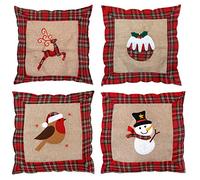 SHATCHI Set di 4 federe per cuscino renna pupazzo di neve pettirosso budino di Natale stampato motivo federe in iuta cotone lino divano letto cuscini divano decorazioni per la casa