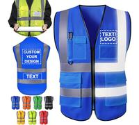 ShAxzHen Gilet di Sicurezza Personalizzato per Uomini e Donne con Logo, Tasche Personalizzate, Alta Visibilità, Abbigliamento da Lavoro Protettivo con Striscia Riflettente, Blu, 3XL